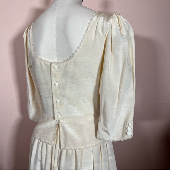Vintage 80 90 Lanz Cream White Satin Puff sleeve Peplum Victorian Dress wedding - Picture 11 of 17